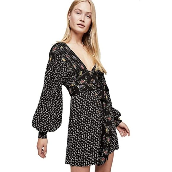 Free People Black Wonderland Mini Floral Dress xs - Picture 1 of 4